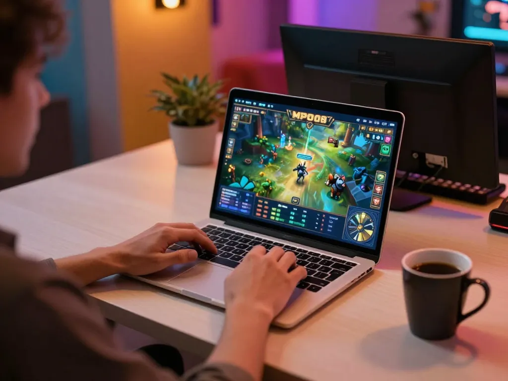 MPO08 gaming interface on a laptop showing interactive gameplay in a cozy home setting.