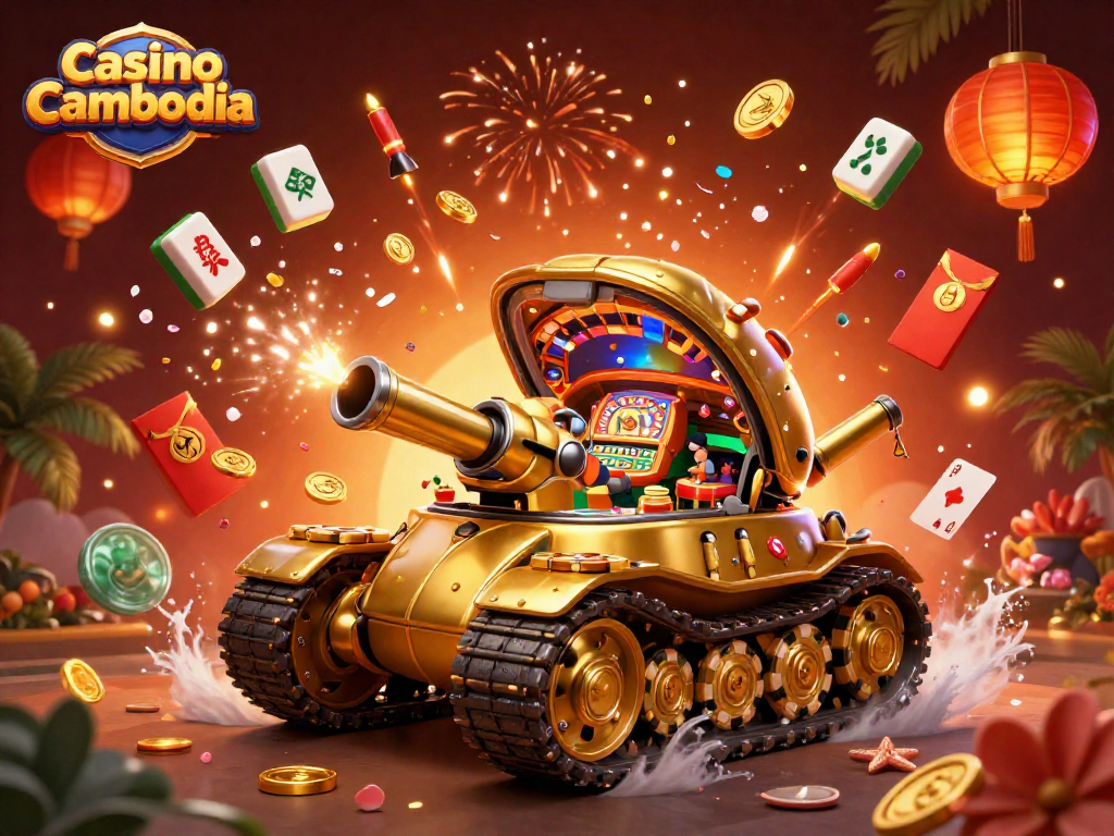 Experience the excitement of casino cambodia with an interactive 3D gaming scene featuring a golden beetle tank and casino elements.