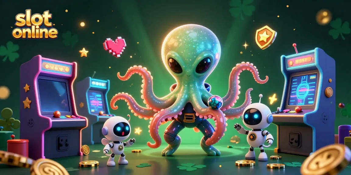 Permainan slot online oleh karakter alien dan robot dalam ilustrasi 3D warna-warni yang mengesankan.
