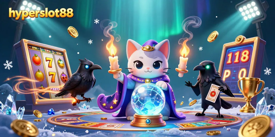 Engage with hyperslot88's thrilling gaming adventure featuring mystic elements, slot reels, and vibrant coins.