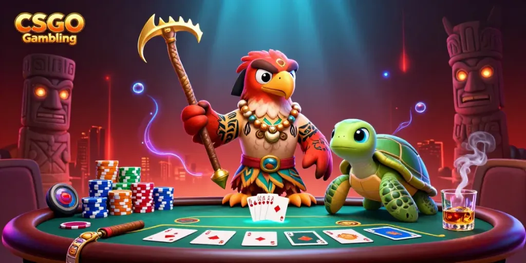 Engage in CSGO Gambling with a vibrant casino scene featuring a tribal demigod hawk and turtle amid dynamic poker action.