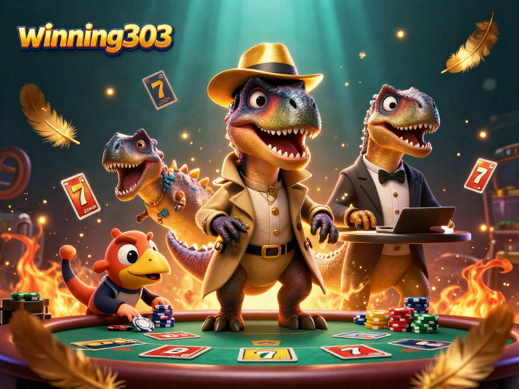 Winning303 scene of a sneaky velociraptor at a blackjack table with gold coins swirling around.