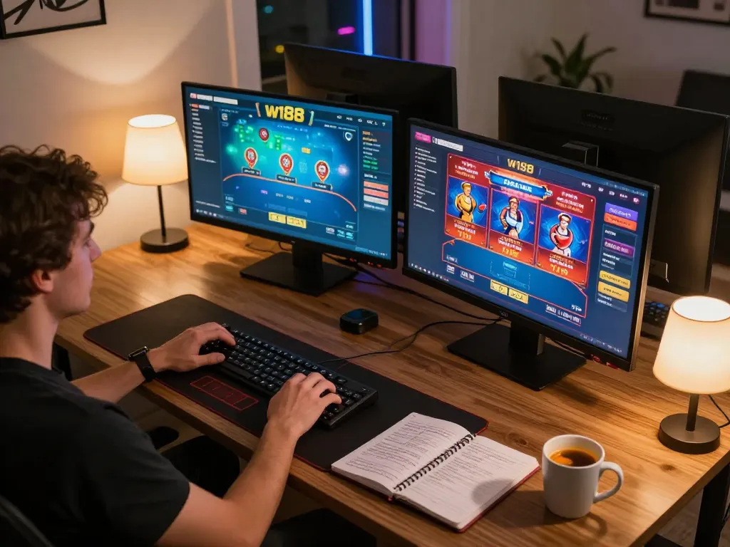 w188 online gaming setup featuring a person engaged in poker strategy while enjoying colorful game displays