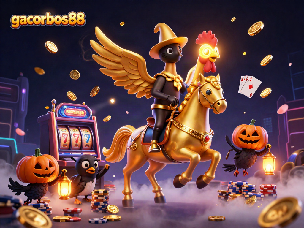 Experience exciting wins with gacorbos88 in a vibrant casino scene filled with golden coins and joyful characters.
