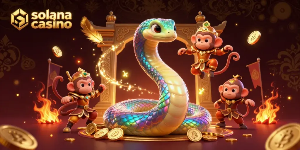 Engage with Solana casino’s vibrant 3D scene featuring a playful monkey king and a shimmering serpent.