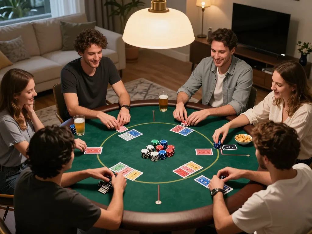 Engaged players enjoying Texas Hold'em poker at home in cozy atmosphere, rik 88 vibe.