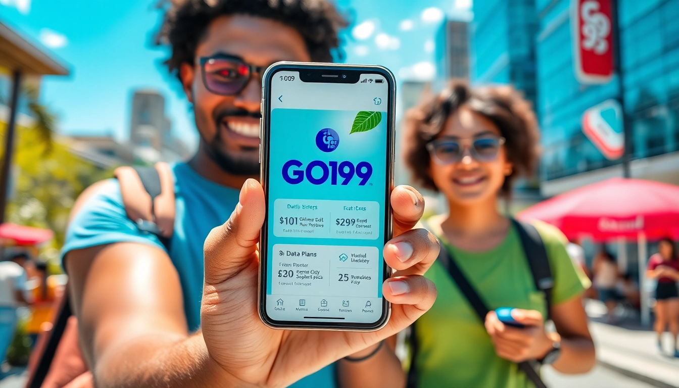 GO99 Globe app interface on smartphone, highlighting innovative features in a vibrant urban setting.