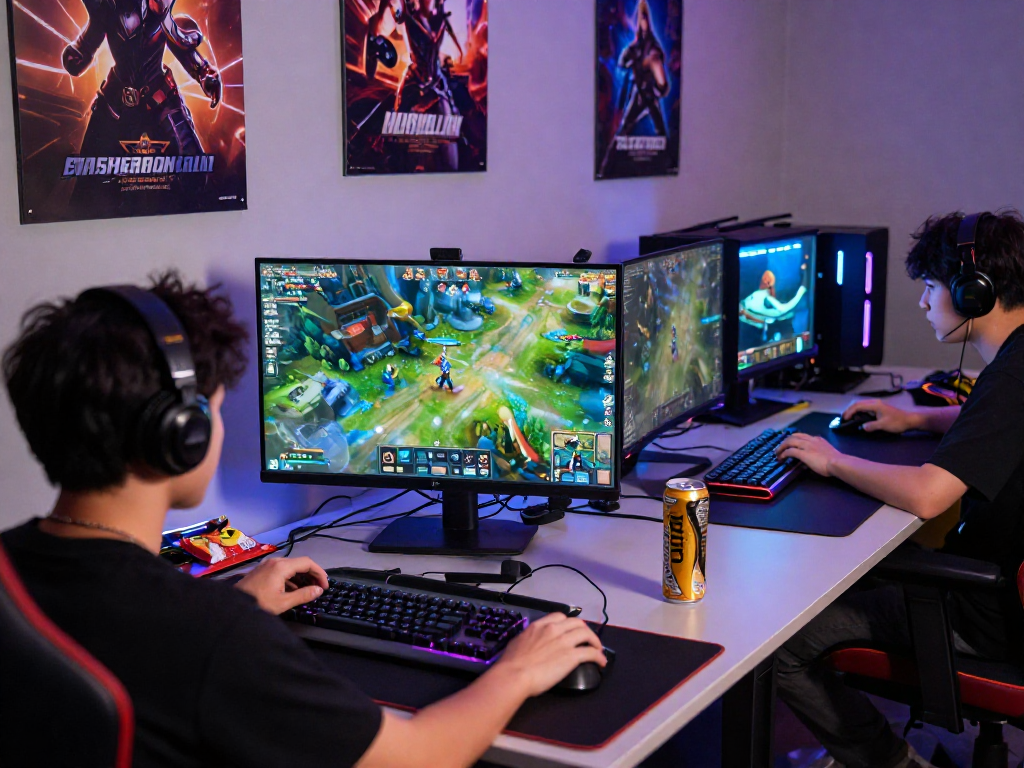 Immersive gaming scene featuring mpocash.blog user engaged in online gaming with vibrant graphics and gaming accessories.