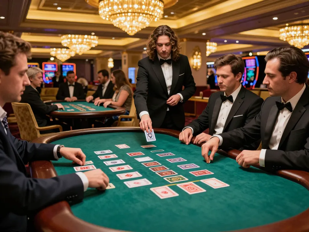 Players at vipwin blackjack table strategizing for a winning hand in upscale casino.