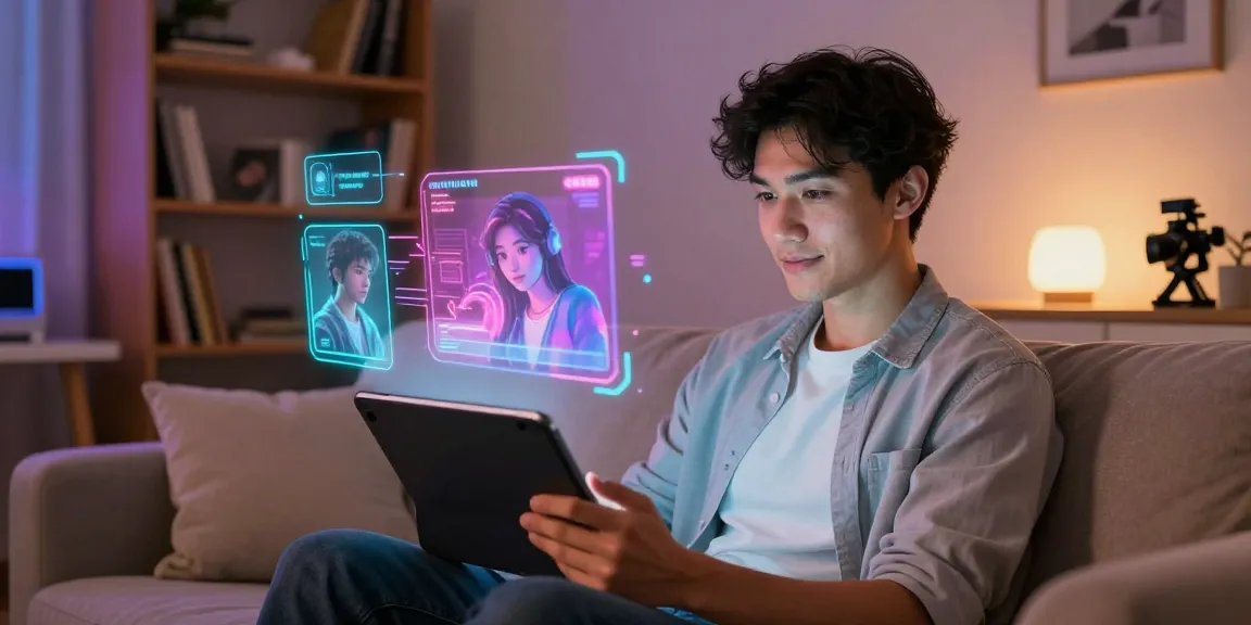 Engaging in an AI sex chat on a tablet, futuristic environment with holographic characters.