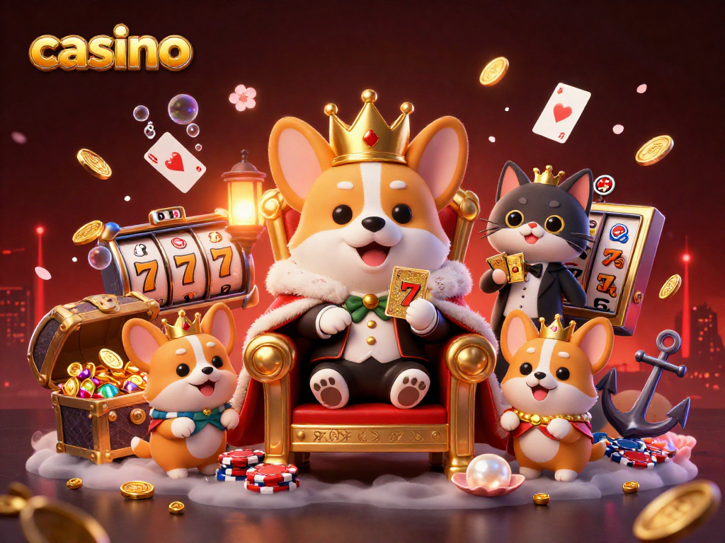 Experience the thrill of the casino with vibrant slots and charming characters in this 3D illustration.