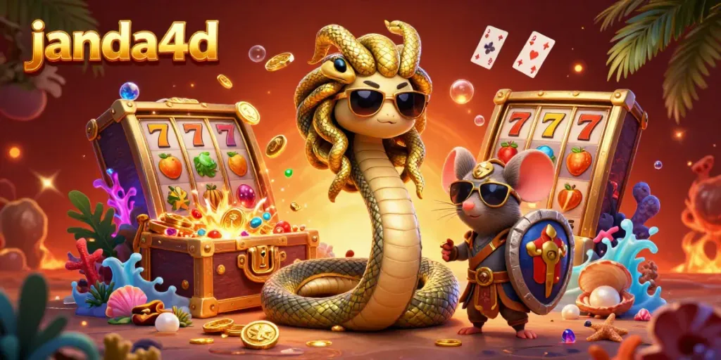 Slot permainan janda4d berwarna-warni dengan Medusa dan mouse pejuang dalam latar laut berkilau.