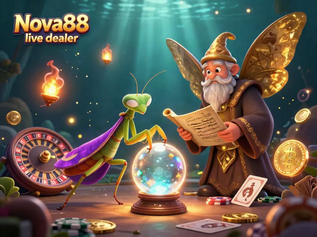 Nova88 live dealer offers an exciting scene with a mystical fortune teller and interactive casino elements.