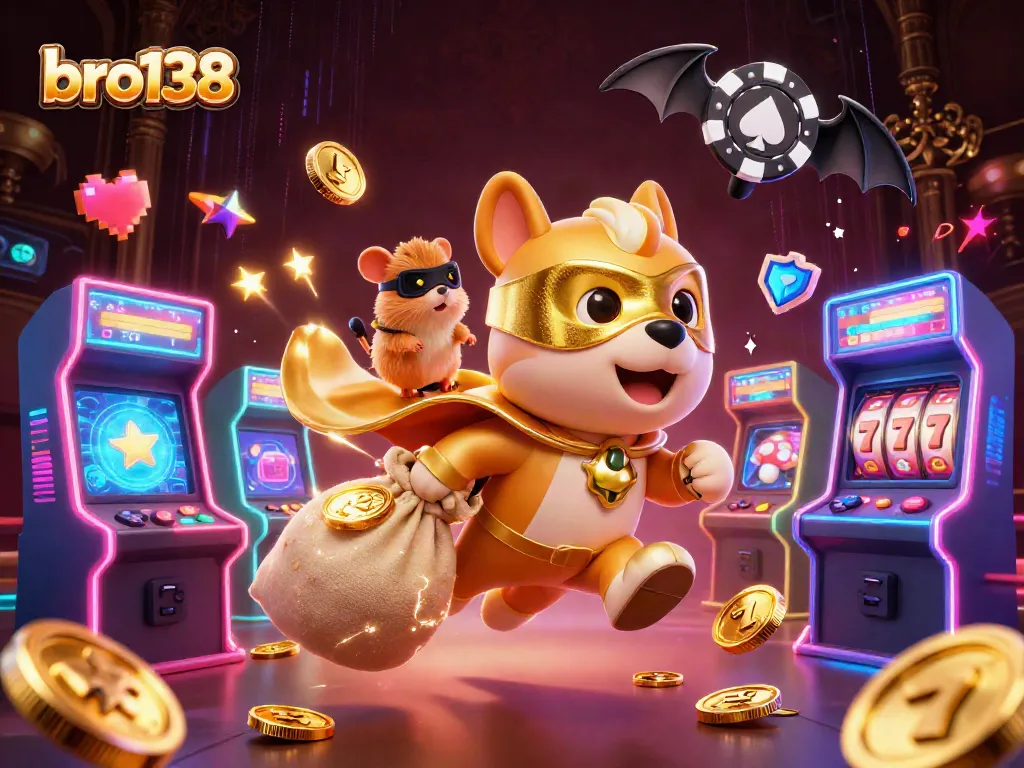 Experience the excitement of bro138 with a superhero dog and hamster amidst vibrant gaming elements.
