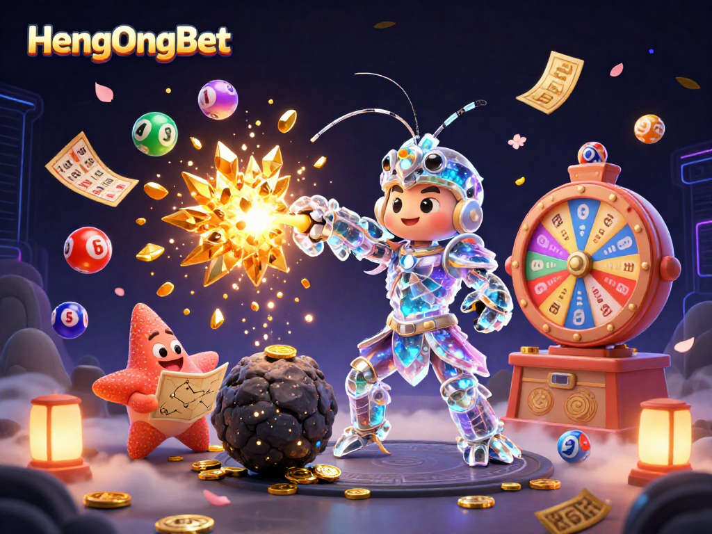 Engage with HengOngBet's thrilling lottery scene featuring vibrant elements and dynamic action.