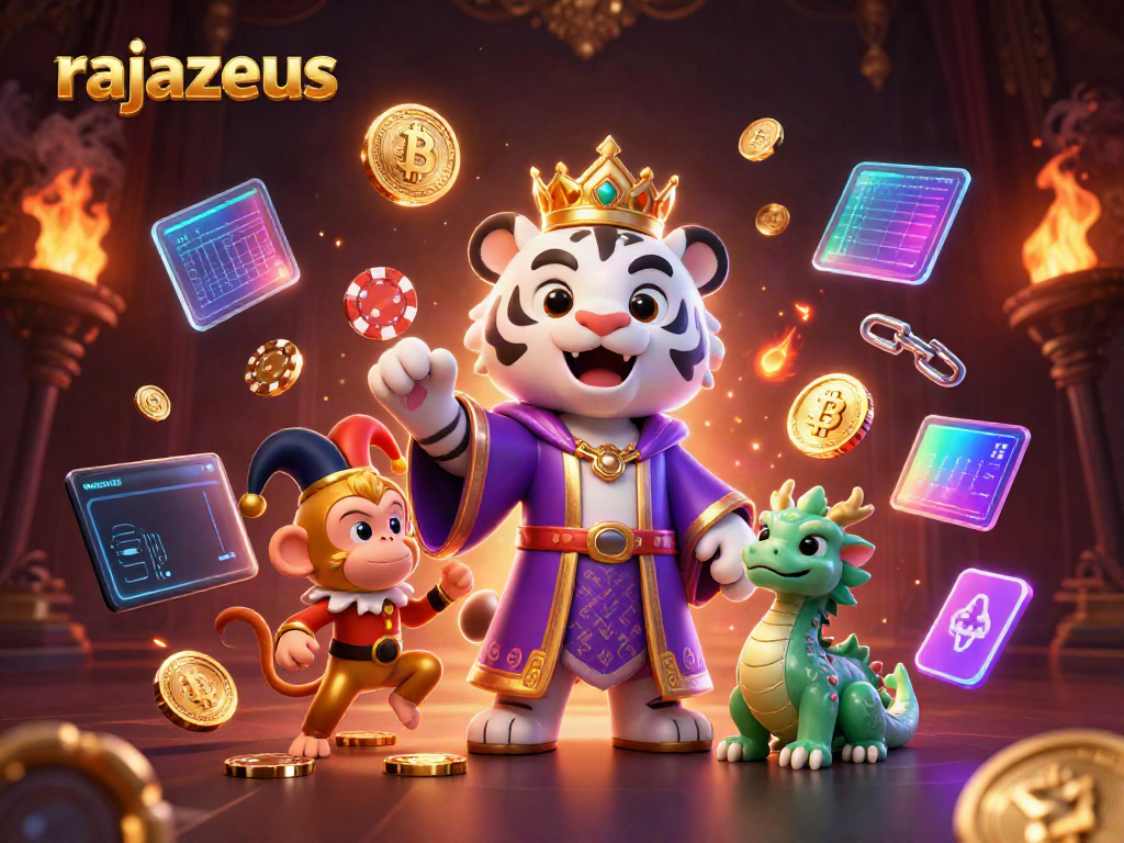 RajaZeus menampilkan harimau putih karismatik dan monyet berlarian di antara chip poker dan elemen slot.