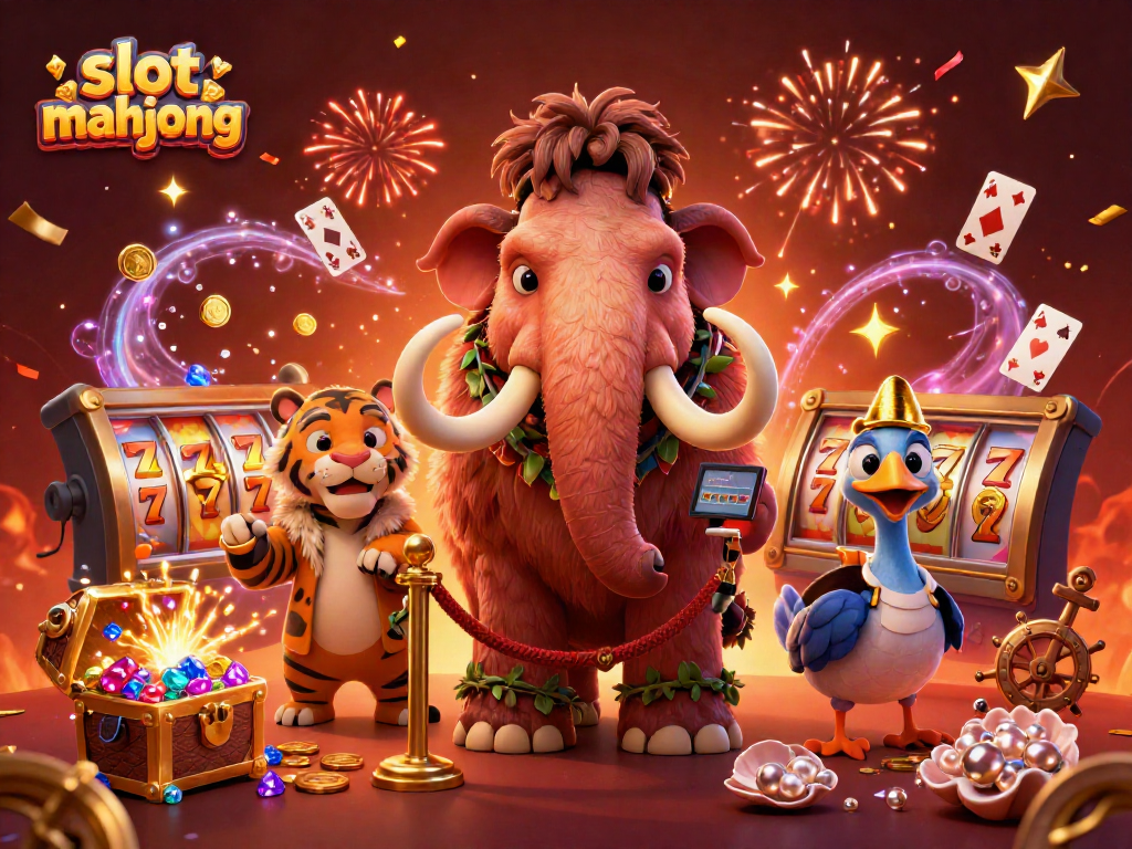 Engage with slot mahjong in a lively casino scene featuring a woolly mammoth bouncer and a saber-tooth tiger guest.