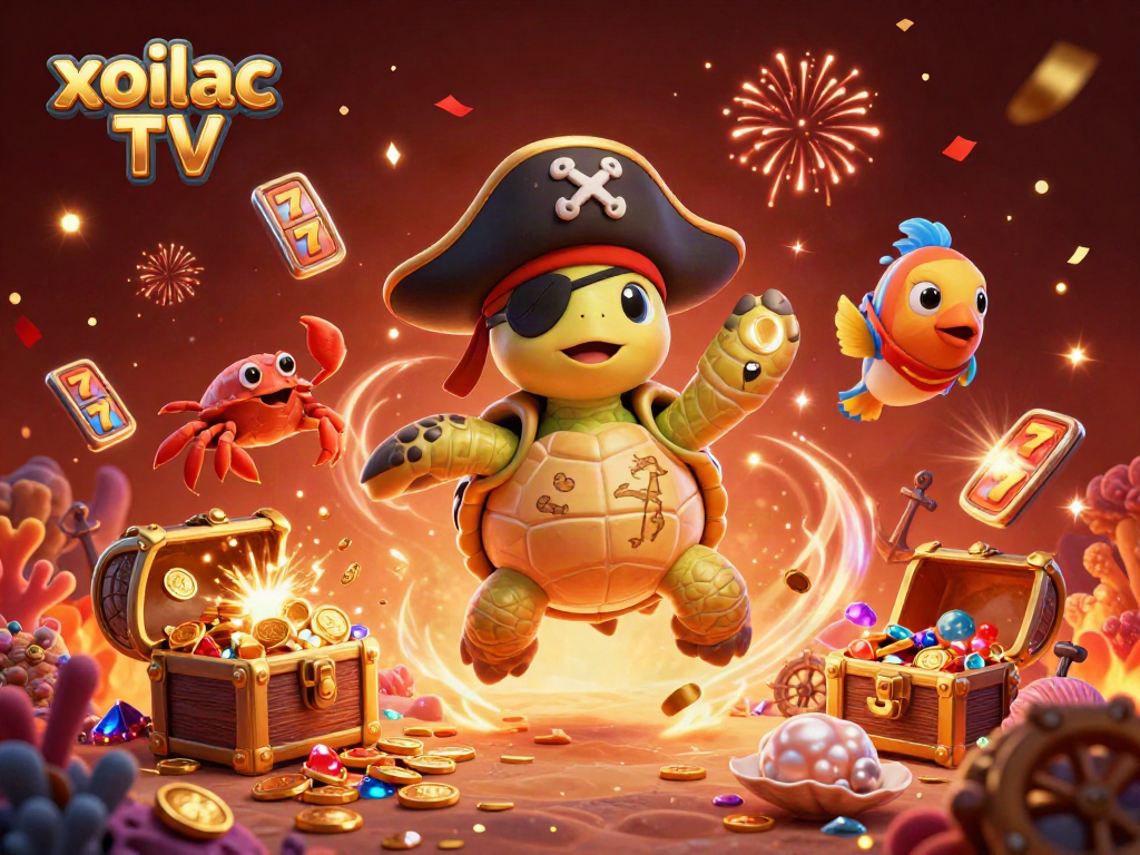 Hình ảnh xoilac TV mô tả con rùa tinh nghịch và các yếu tố casino trong một khung cảnh sôi động.