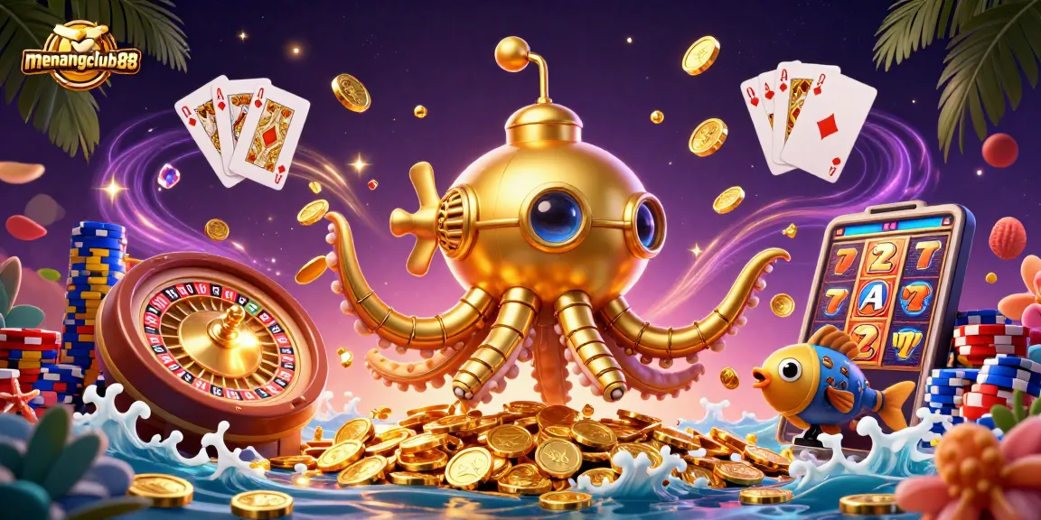 Experience the thrill of menangclub88 gaming with golden kraken and cascading coins in vibrant 3D illustration.