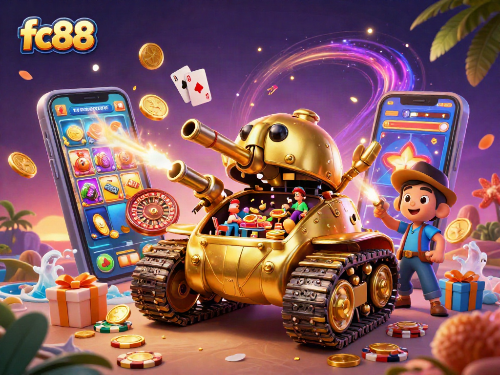 Chơi game tại fc88 với hình ảnh tank vàng hoành tráng và casino mini bên trong.