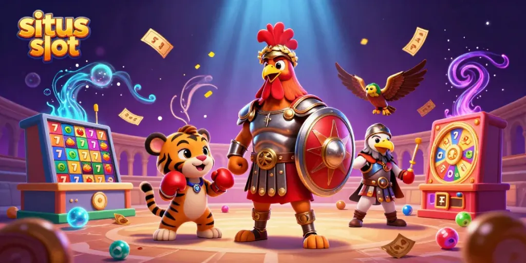 Permainan slot gacor dengan elemen menarik dan karakter unik di arena koloseum.
