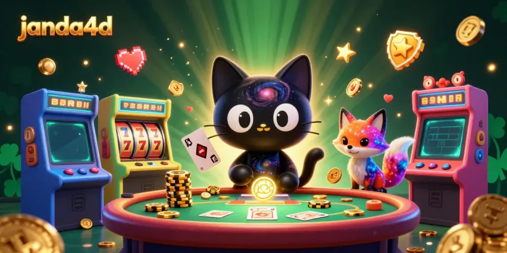 Gambarkan janda4d dengan kucing lubang hitam dan rubah nebula dalam kasino berwarna-warni.