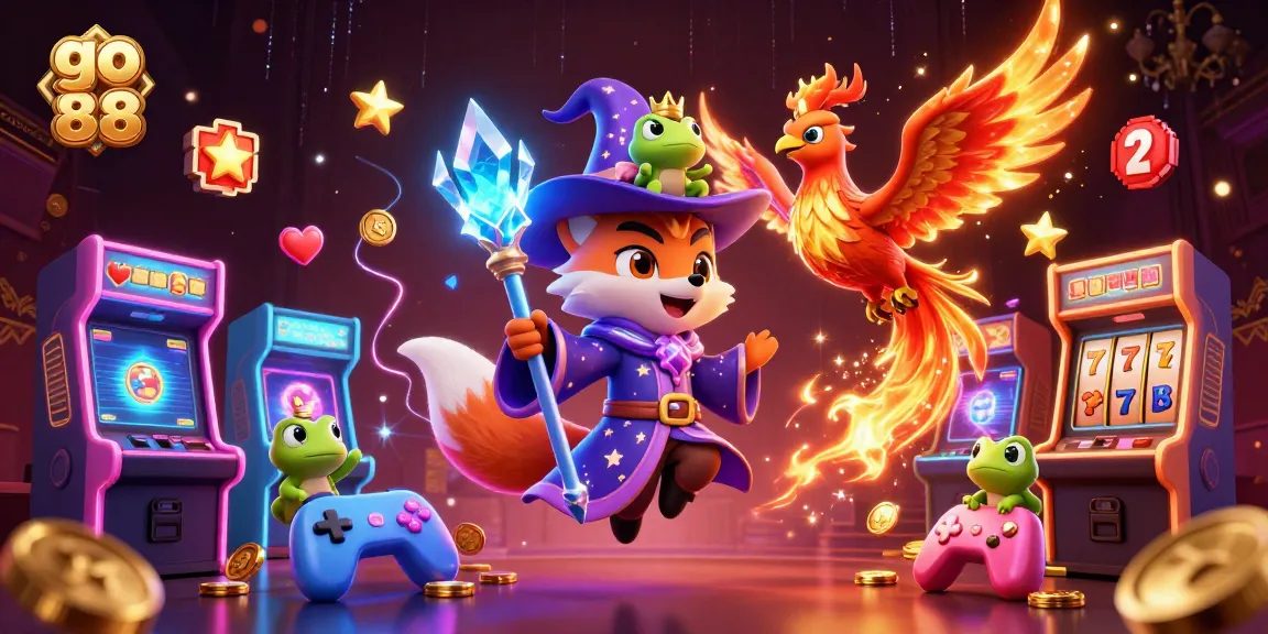 Engage with go 88's vibrant casino adventures featuring a magical wizard and phoenix in a thrilling gaming scene.