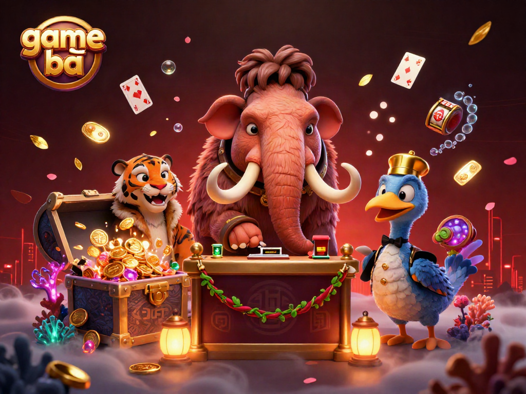Experience the vibrant 3D world of game bài as a woolly mammoth casino bouncer checks IDs in a dazzling casino scene.