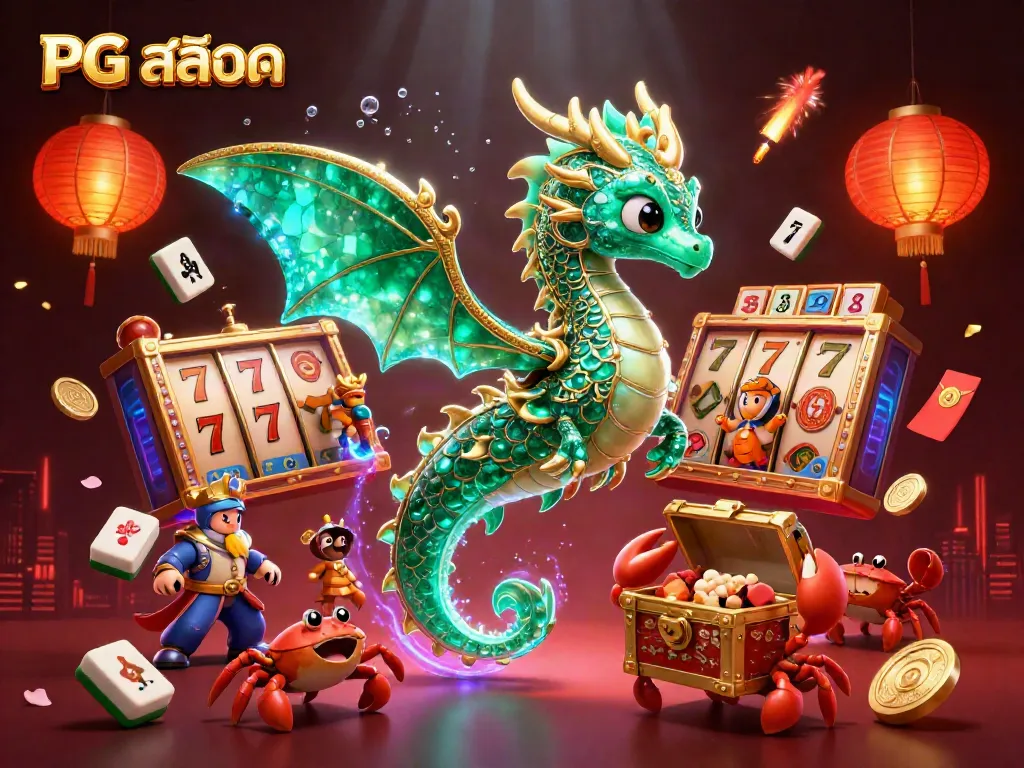 Engaging content featuring PG สล็อต with a colorful sea dragon, slot reels, and festive decorations.