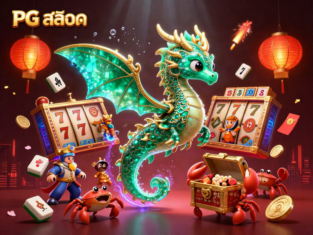 Engaging content featuring PG สล็อต with a colorful sea dragon, slot reels, and festive decorations.