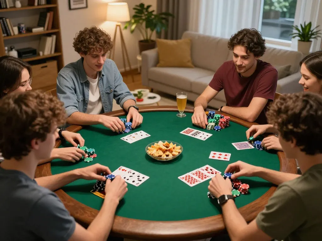 F8BET players enjoying a lively home poker game surrounded by colorful chips and cards.