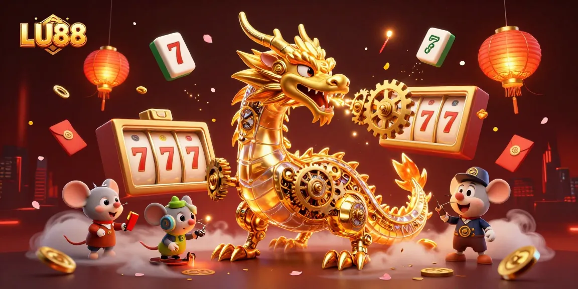Engage with LU88's slot games featuring a golden dragon and dynamic casino elements.