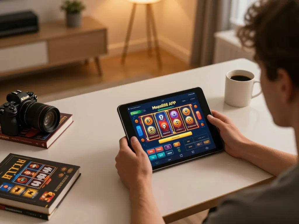 Engaging moment of a player utilizing the Mega888 APK original download app on a tablet, showing vibrant gaming graphics.