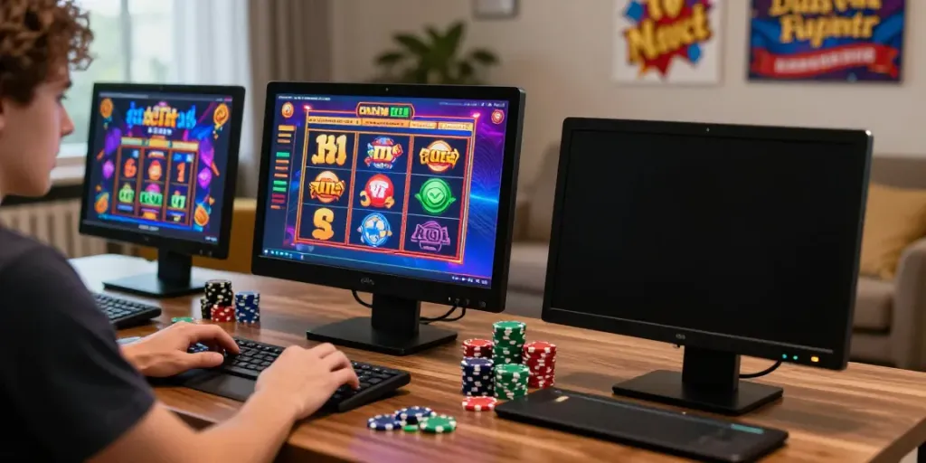 Engaged user exploring akunjp online betting with vibrant gaming display.
