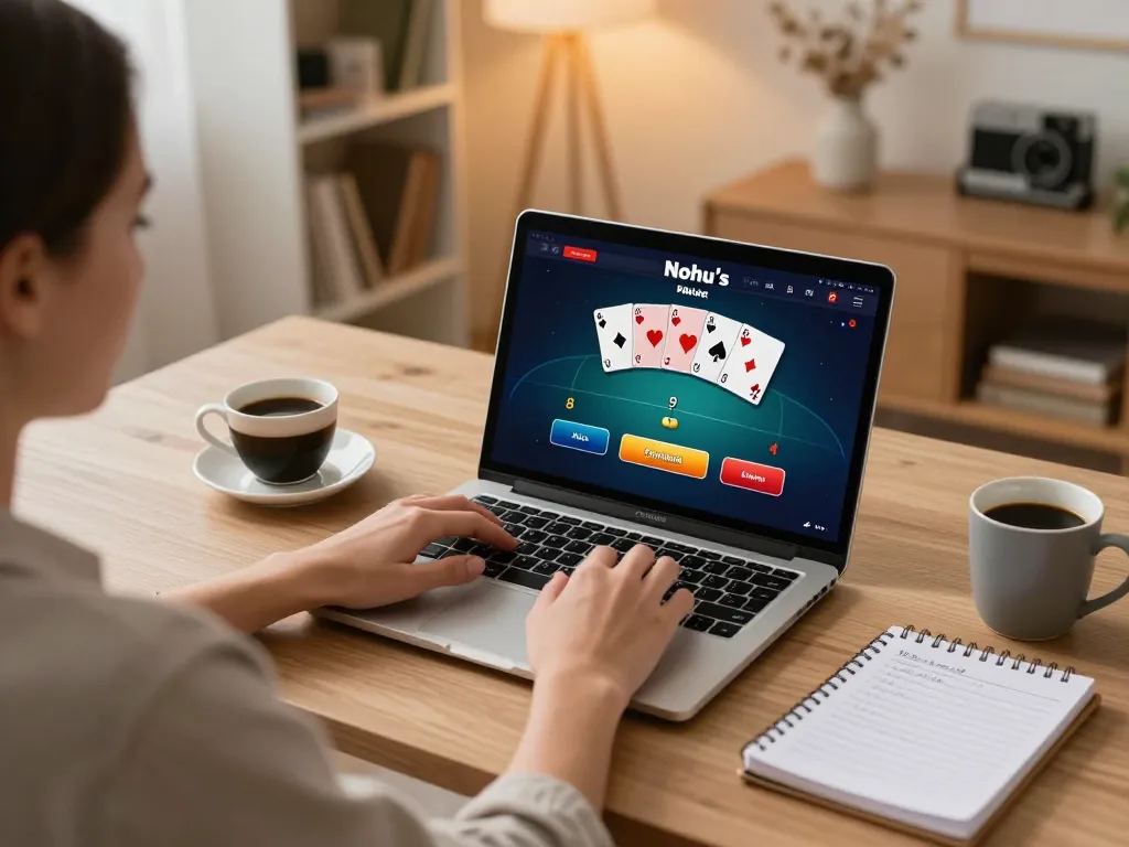 Nohu online gaming: Engaging player at home with poker interface on laptop screen.