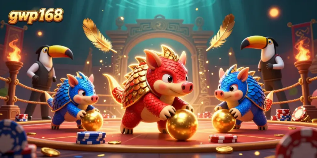 Menggulung bola emas dengan pangolin rival di arena game gwp168, dikelilingi koin dan chip poker.