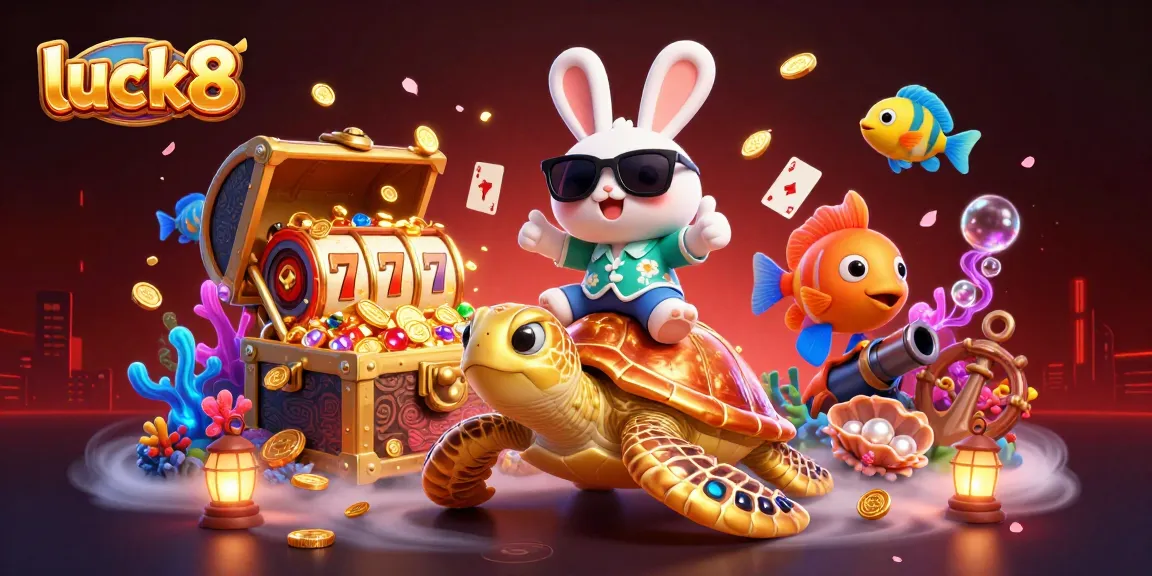 luck8 celebrates winning with a lucky rabbit and golden turtle, featuring vibrant slot game elements.