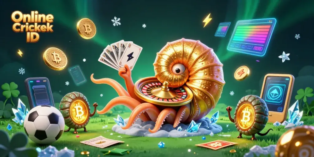 Engage with Online Cricket ID for secure betting, featuring a dynamic nautilus and cricket elements.
