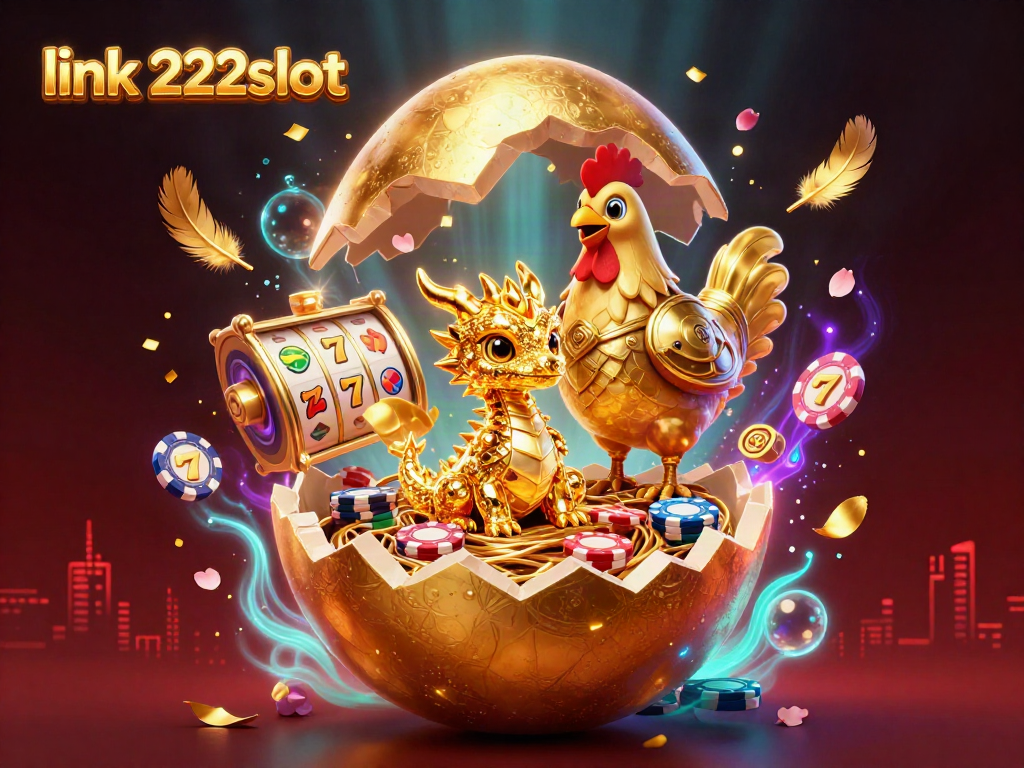 Permainan slot yang menarik dengan link 222slot, menampilkan naga emas dan elemen kasino lainnya.