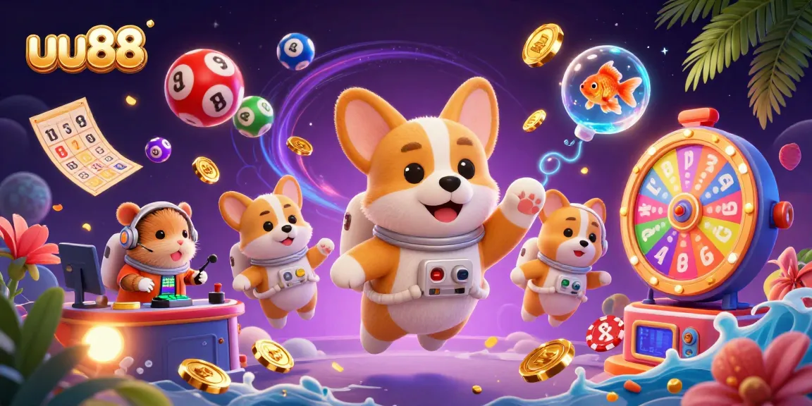 Experience uu88's immersive games with a playful astronaut corgi in a festive casino scene.