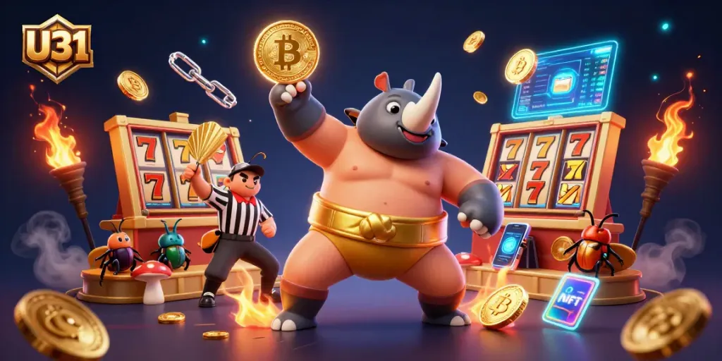 Experience the thrilling U31 casino action with a sumo beetle champion and vibrant slot elements.