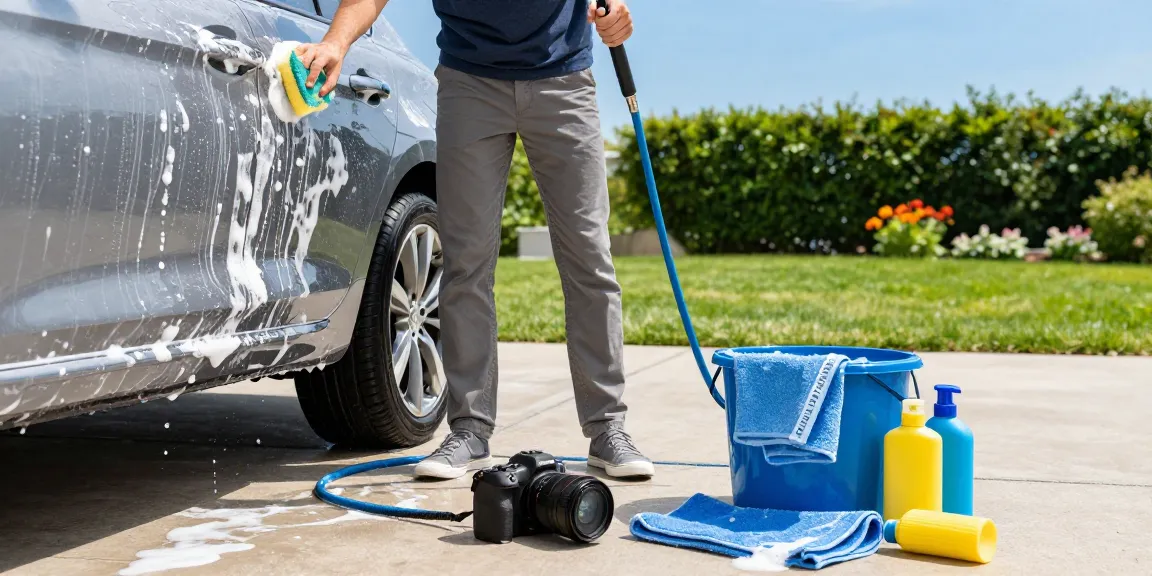 AQUA CREST Inline Water Filter, Dedicated for Car Washing setup during a home car wash, showcasing effective filtration and cleaning.