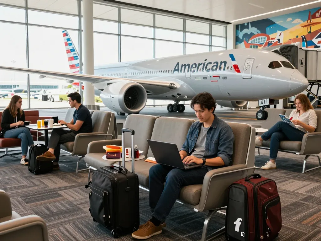 Traveler preparing for a flight on the 789P Dreamliner at a stylish airport lounge.