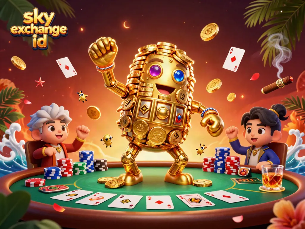 Engage with thrilling Sky Exchange ID betting action featuring a golden golem in a rich casino scene.