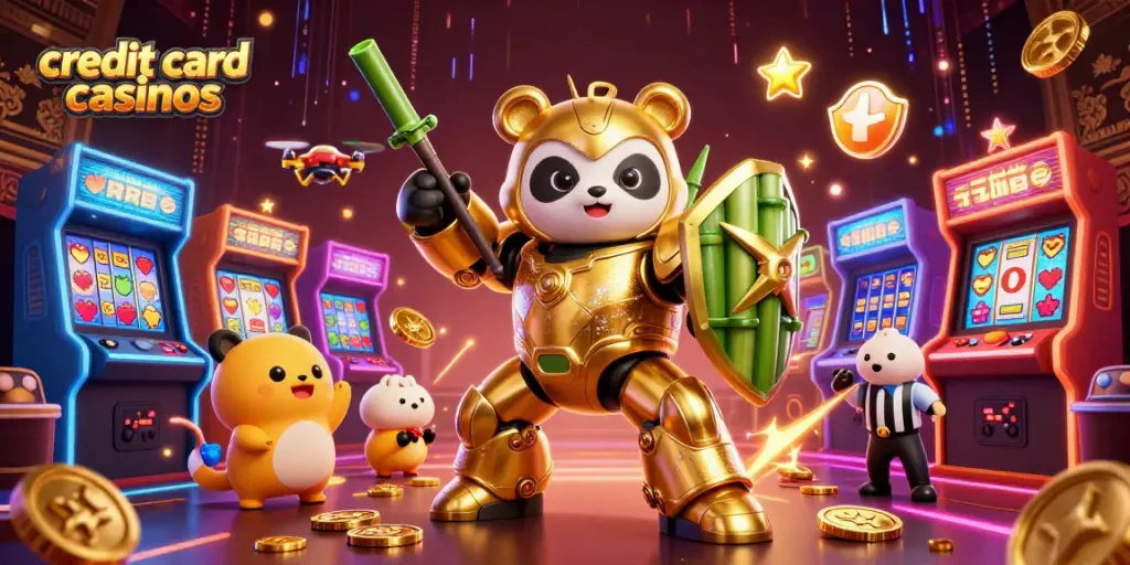 Experience the excitement of credit card casinos with a golden panda piloting a robot in a vibrant gaming arena.