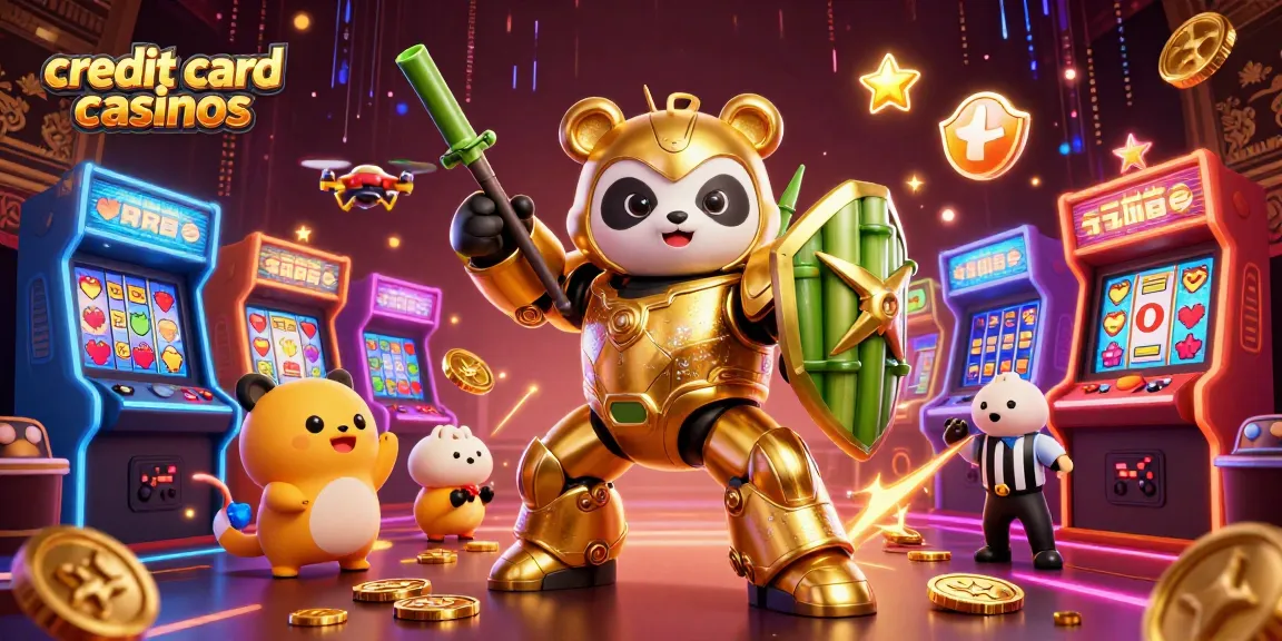 Experience the excitement of credit card casinos with a golden panda piloting a robot in a vibrant gaming arena.