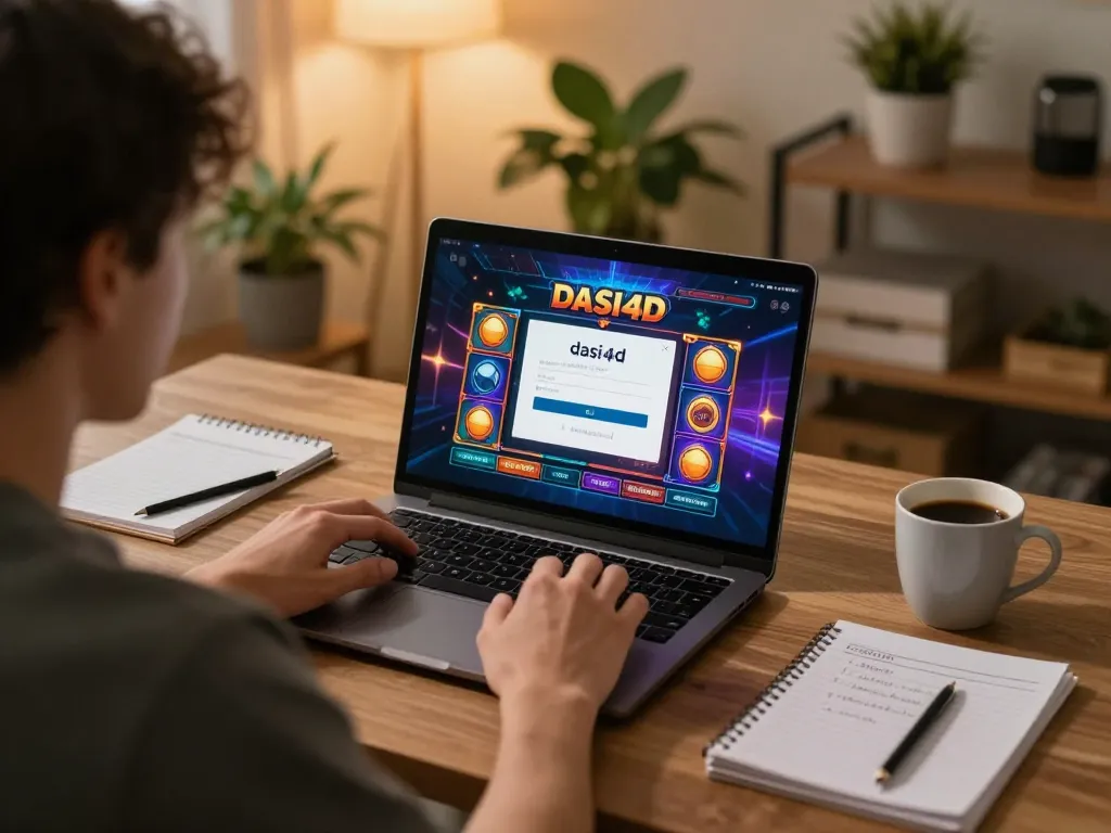 Pengguna mengakses dasi4d login di laptop, menampilkan grafik permainan slot yang hidup dalam lingkungan kantor rumah yang nyaman.