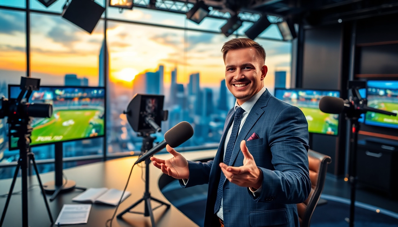 Sports Broadcasting setup showcasing a dynamic commentator with high-tech equipment.