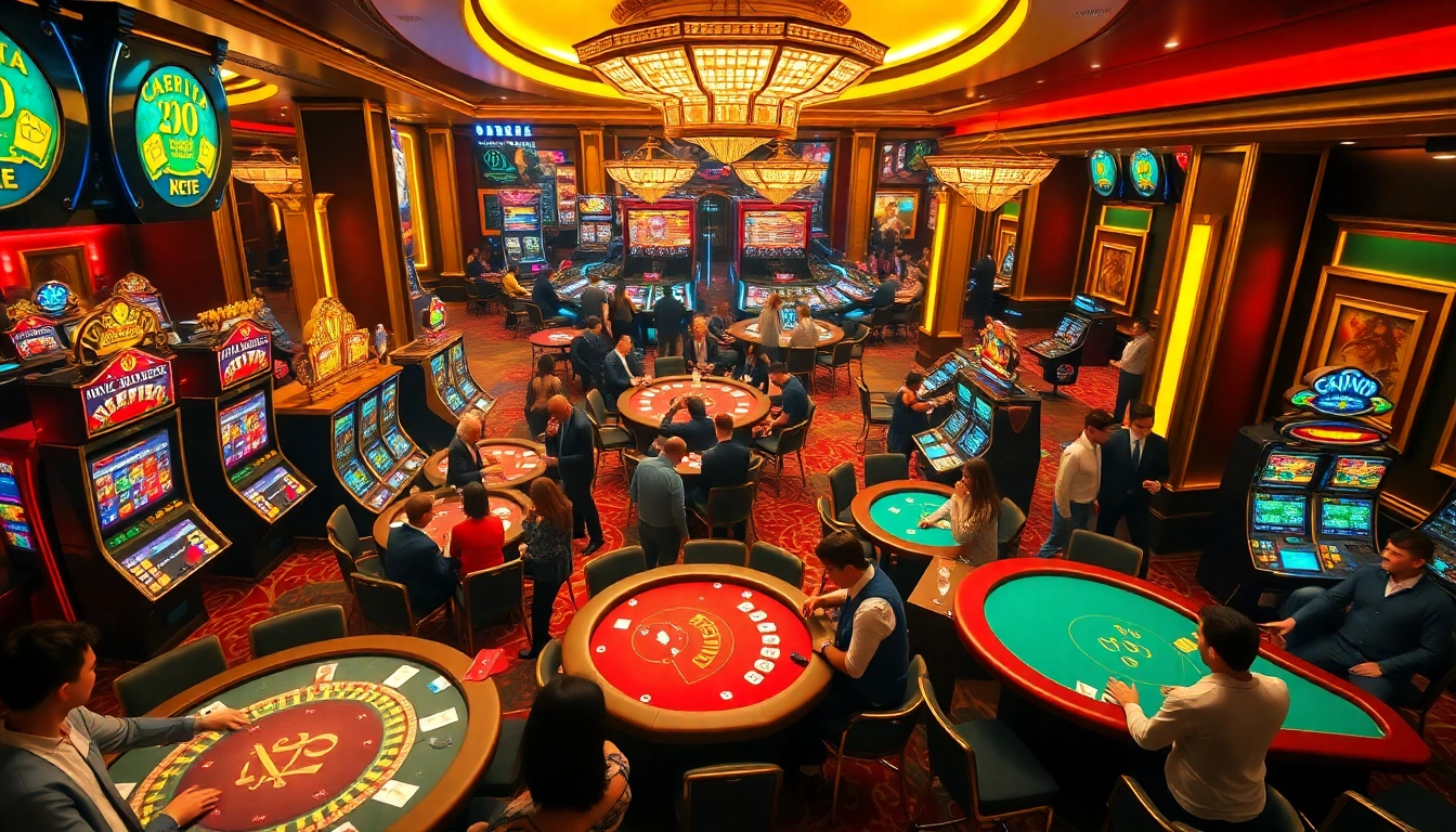 Gamble at Sam86 using vibrant slot machines and poker tables in a luxurious casino setting.