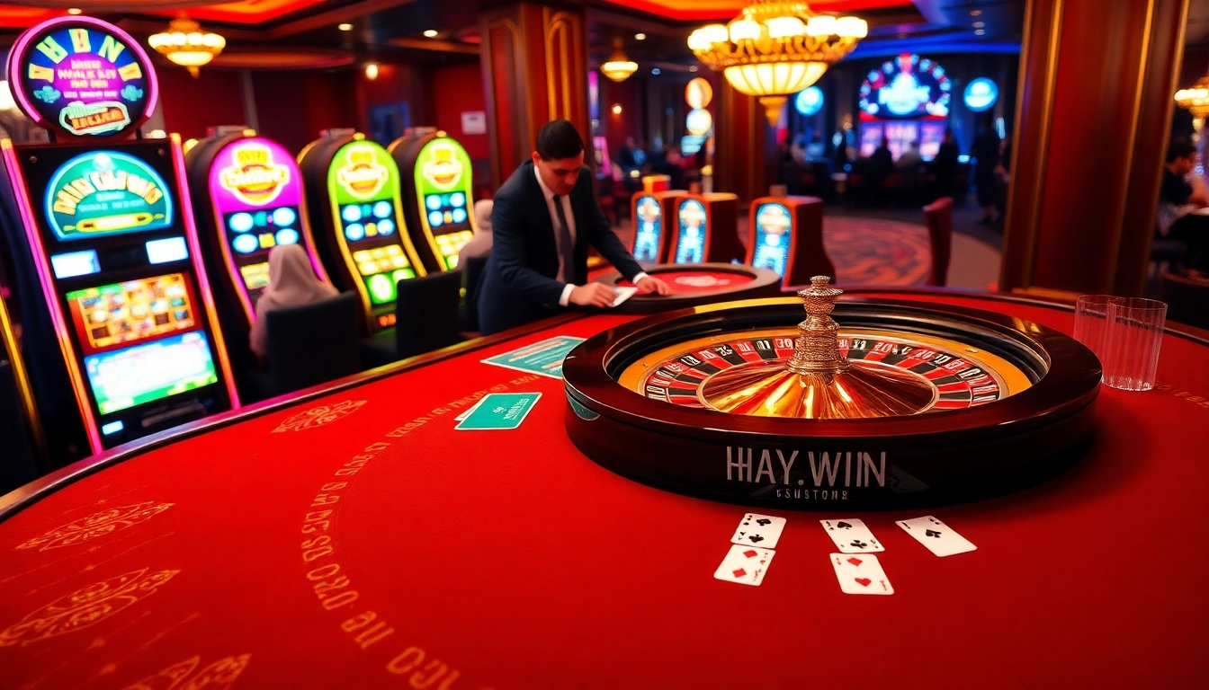 Experience the thrill of HAY.WIN at a luxurious casino table with roulette and poker action.